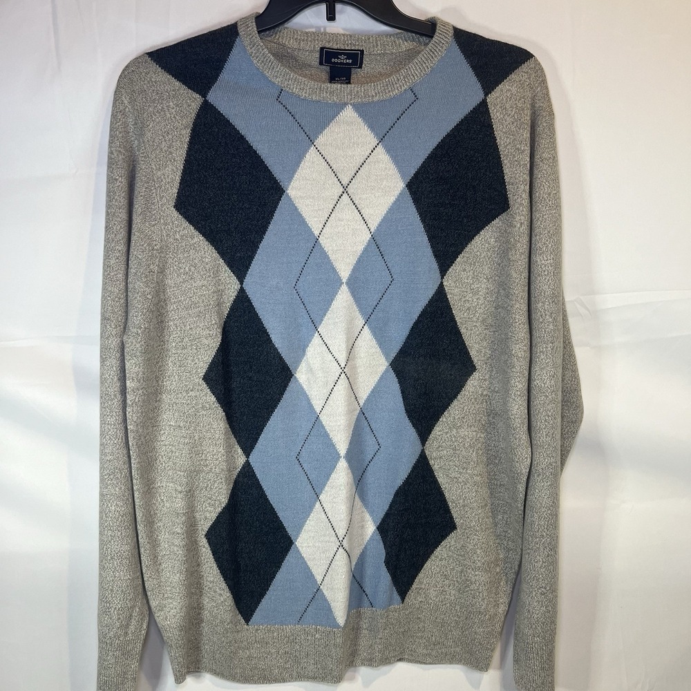 Dockers‎ Mens Crew Neck Long Sleeve Sweater Gray Blue Diamond Pattern Vintage